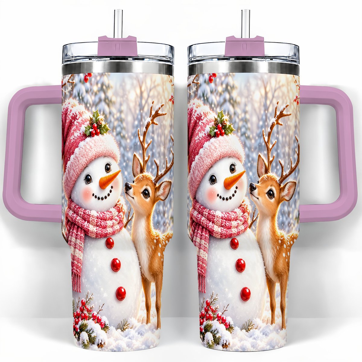 #pl[40oz|Pink] Snowman Fawn 40oz Tumbler with Handle, Winter Forest Travel Cup
