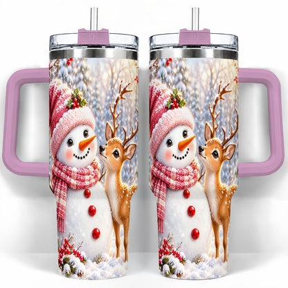#pl[40oz|Pink] Snowman Fawn 40oz Tumbler with Handle, Winter Forest Travel Cup