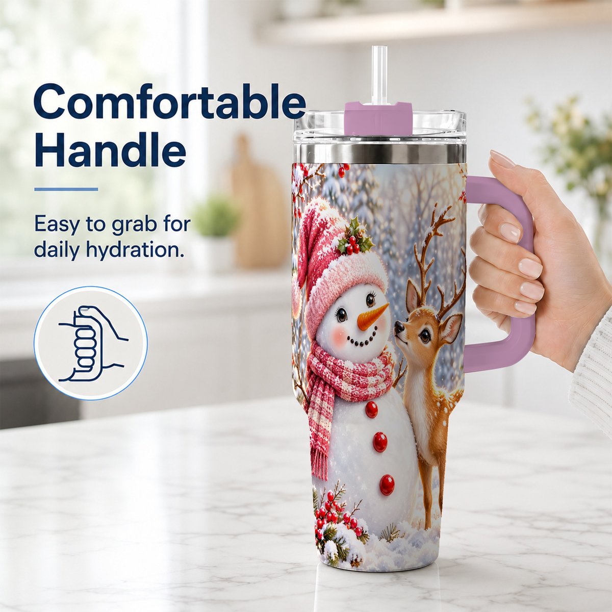 #pl[40oz|Pink] Snowman Fawn 40oz Tumbler with Handle, Winter Forest Travel Cup