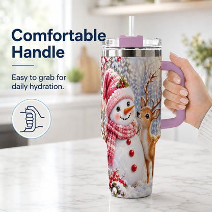 #pl[40oz|Pink] Snowman Fawn 40oz Tumbler with Handle, Winter Forest Travel Cup