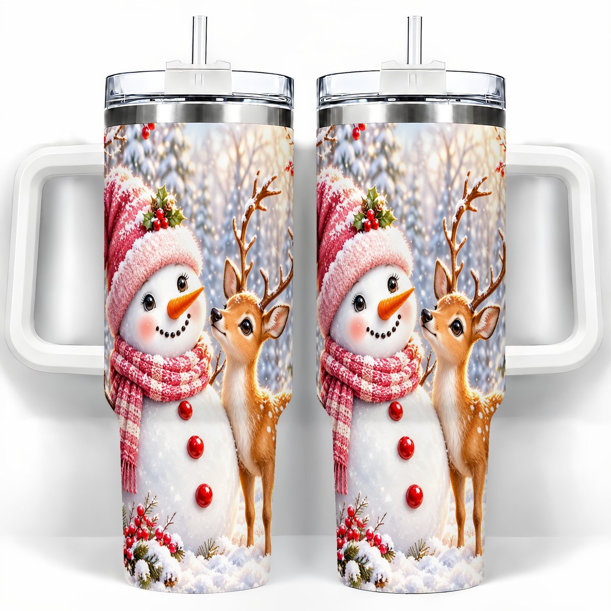 Snowman Fawn 40oz Tumbler with Handle, Winter Forest Travel Cup