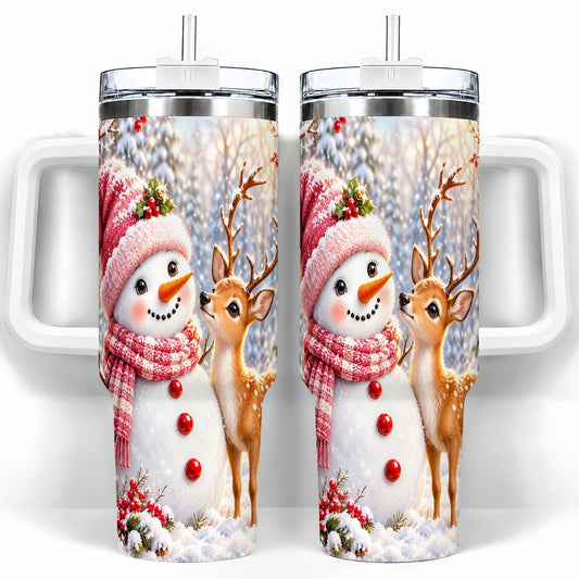 Snowman Fawn 40oz Tumbler with Handle, Winter Forest Travel Cup