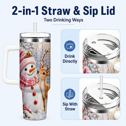 #pl[40oz|White] Snowman Fawn 40oz Tumbler with Handle, Winter Forest Travel Cup