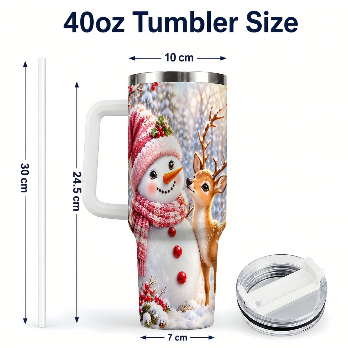 #pl[40oz|White] Snowman Fawn 40oz Tumbler with Handle, Winter Forest Travel Cup