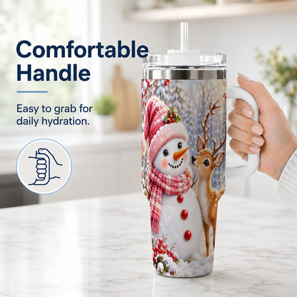 #pl[40oz|White] Snowman Fawn 40oz Tumbler with Handle, Winter Forest Travel Cup