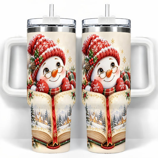 Reading Snowman 40oz Tumbler with Handle, Holiday Story Travel Cup