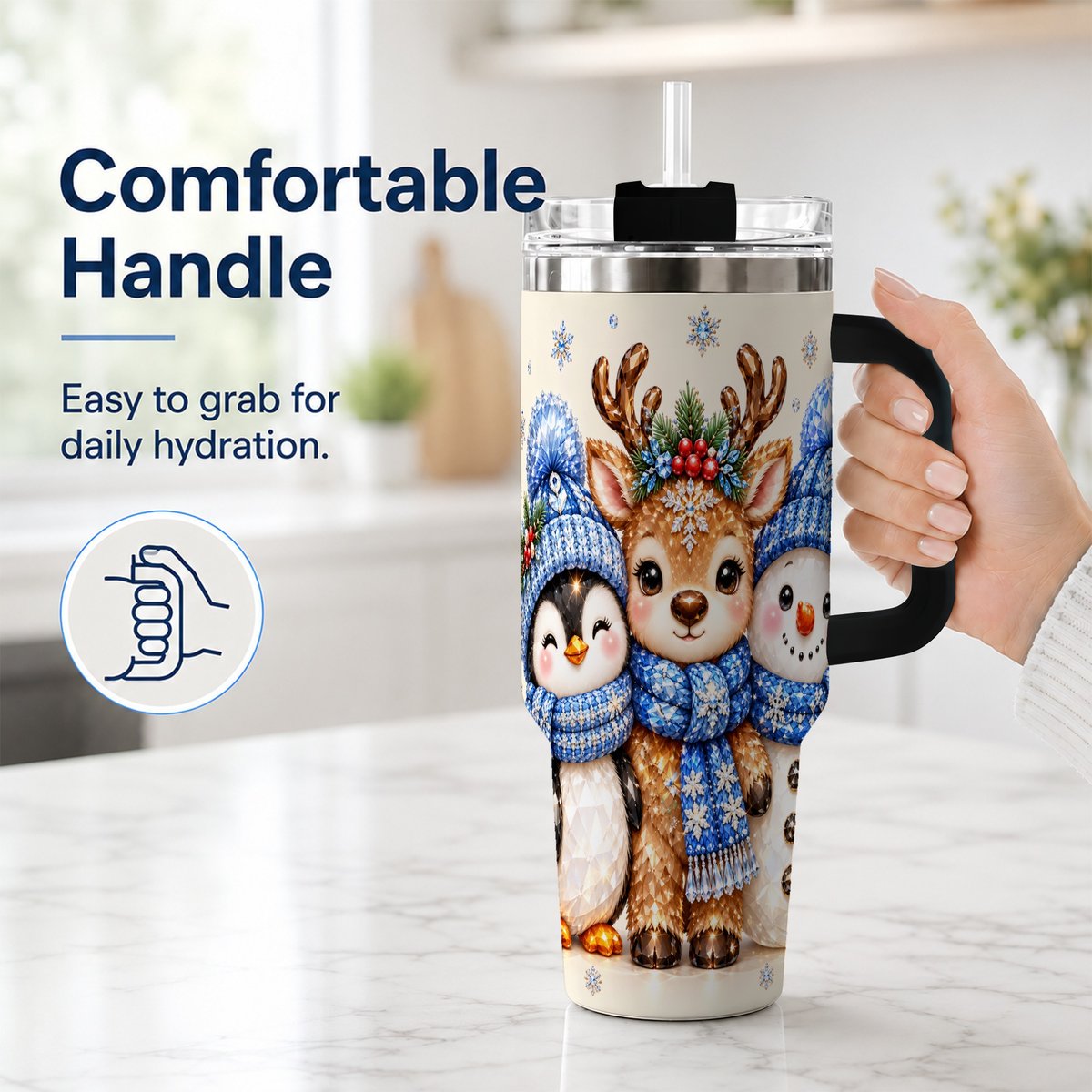 #pl[40oz|Black] Christmas Animal Trio 40oz Tumbler with Handle, Holiday Travel Cup