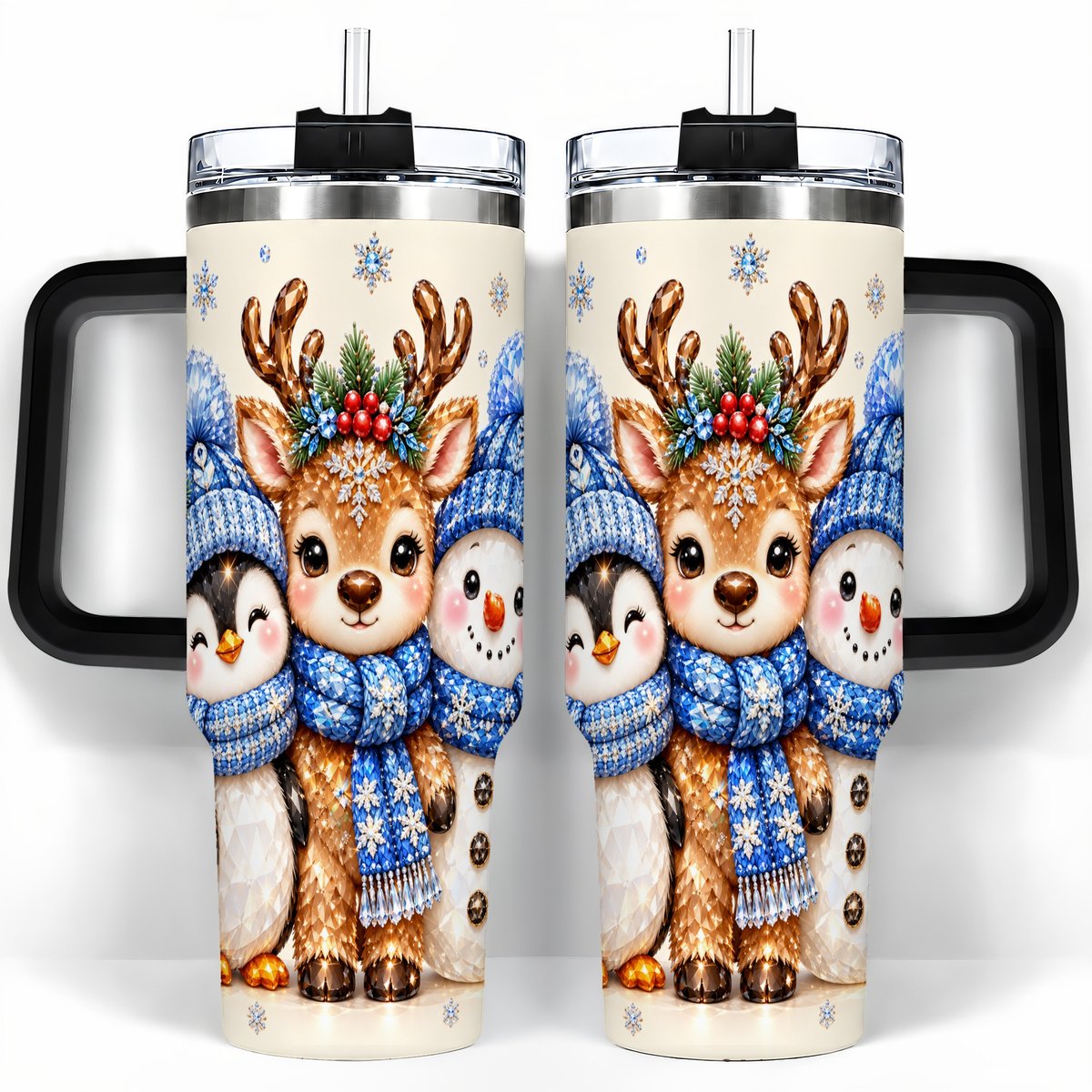#pl[40oz|Black] Christmas Animal Trio 40oz Tumbler with Handle, Holiday Travel Cup