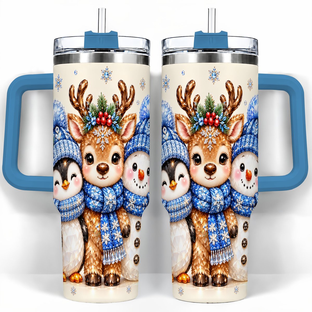 #pl[40oz|Blue] Christmas Animal Trio 40oz Tumbler with Handle, Holiday Travel Cup