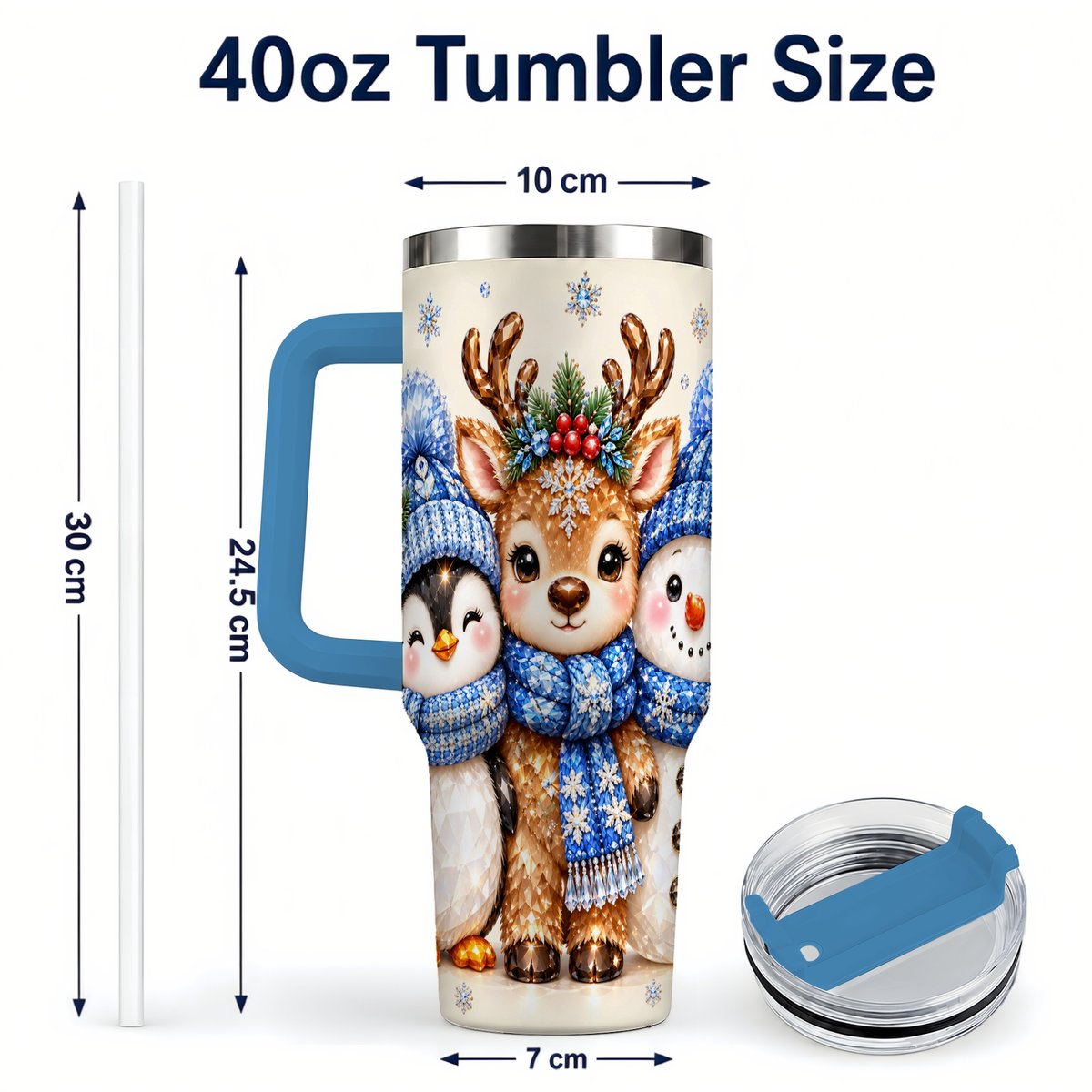 #pl[40oz|Blue] Christmas Animal Trio 40oz Tumbler with Handle, Holiday Travel Cup