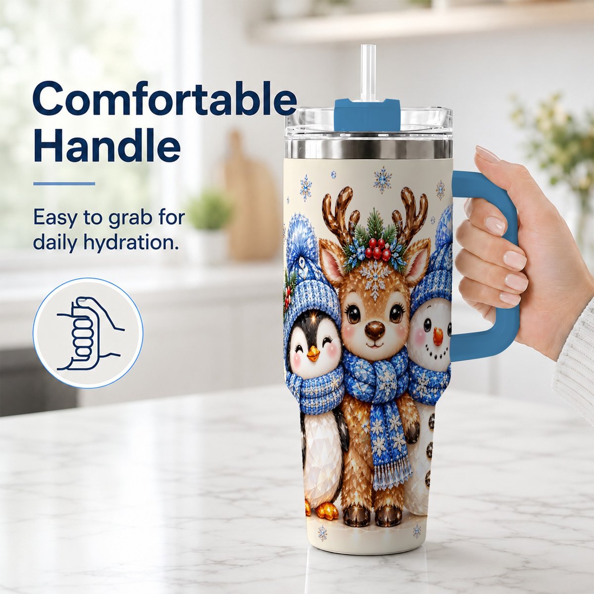 #pl[40oz|Blue] Christmas Animal Trio 40oz Tumbler with Handle, Holiday Travel Cup