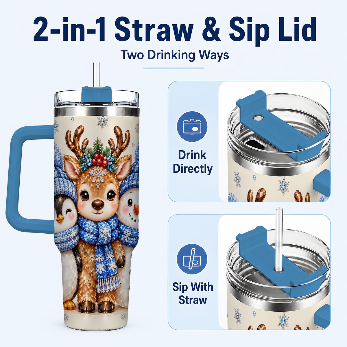 #pl[40oz|Blue] Christmas Animal Trio 40oz Tumbler with Handle, Holiday Travel Cup