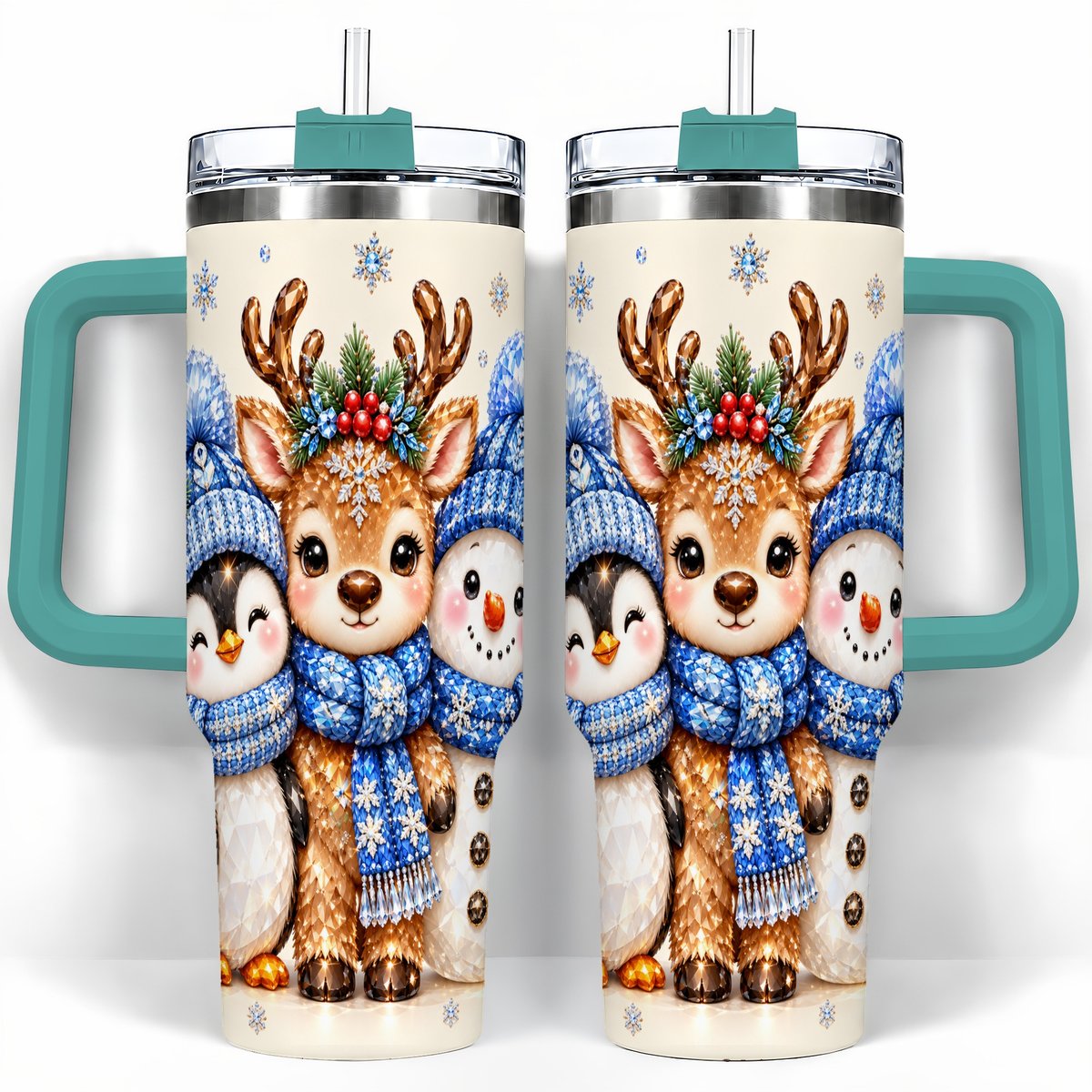 #pl[40oz|Green] Christmas Animal Trio 40oz Tumbler with Handle, Holiday Travel Cup