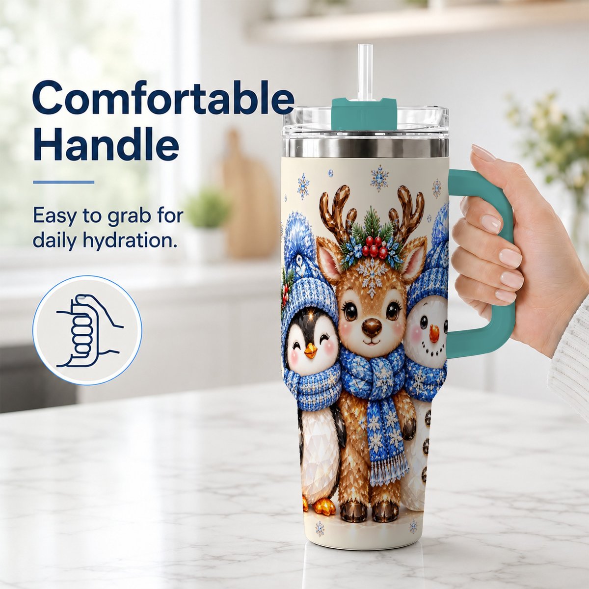 #pl[40oz|Green] Christmas Animal Trio 40oz Tumbler with Handle, Holiday Travel Cup