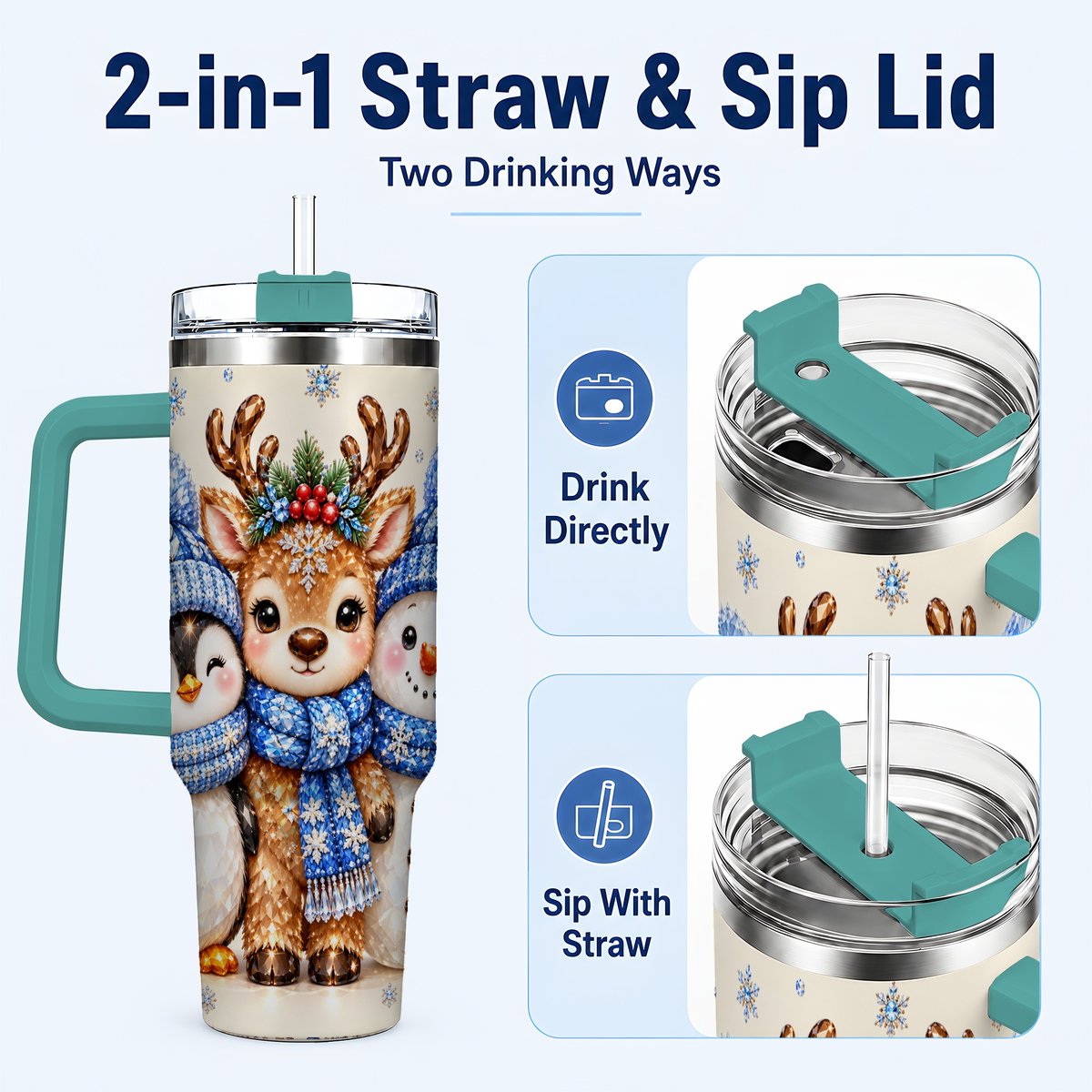 #pl[40oz|Green] Christmas Animal Trio 40oz Tumbler with Handle, Holiday Travel Cup