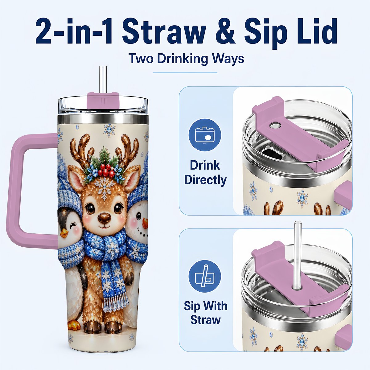#pl[40oz|Pink] Christmas Animal Trio 40oz Tumbler with Handle, Holiday Travel Cup