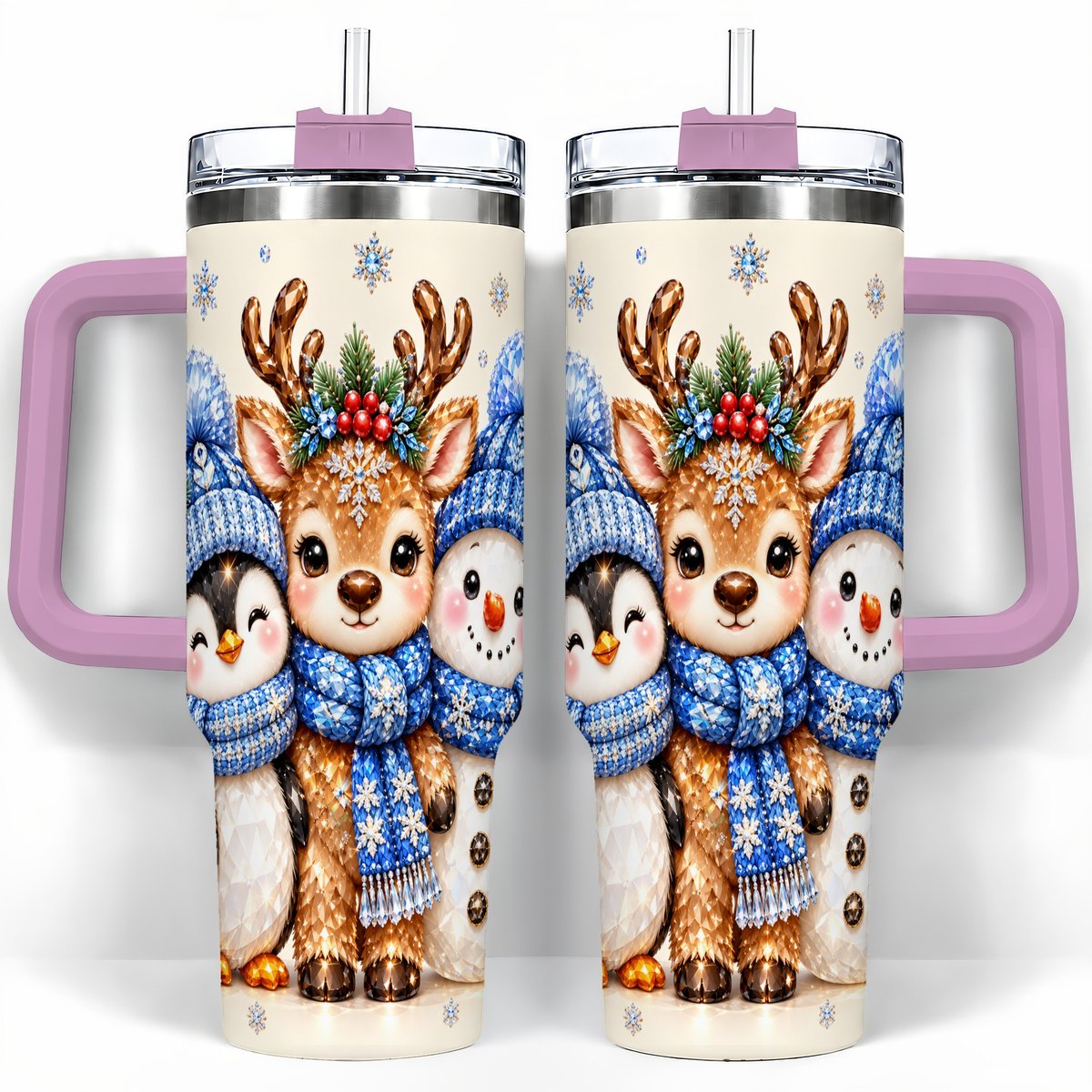 #pl[40oz|Pink] Christmas Animal Trio 40oz Tumbler with Handle, Holiday Travel Cup