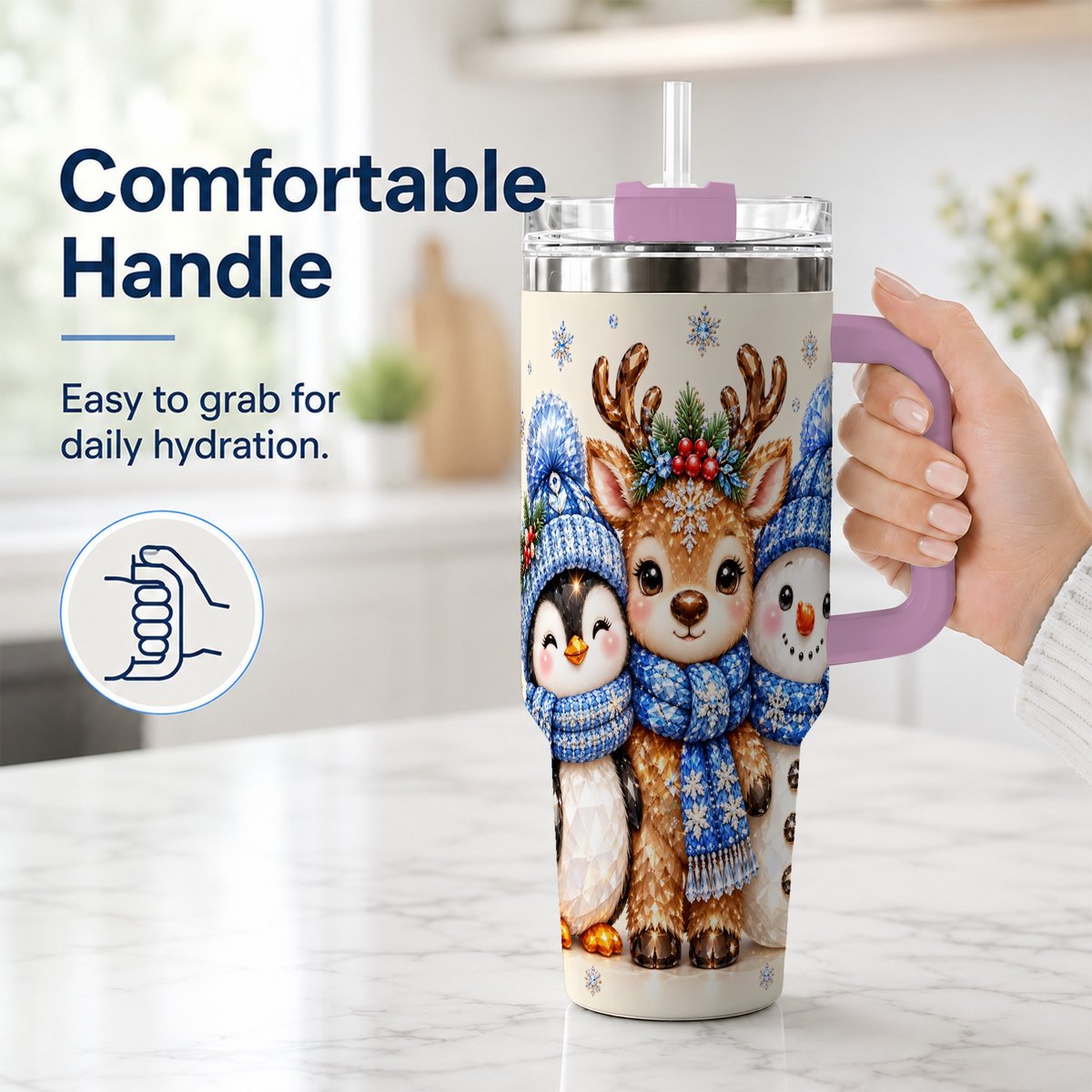 #pl[40oz|Pink] Christmas Animal Trio 40oz Tumbler with Handle, Holiday Travel Cup