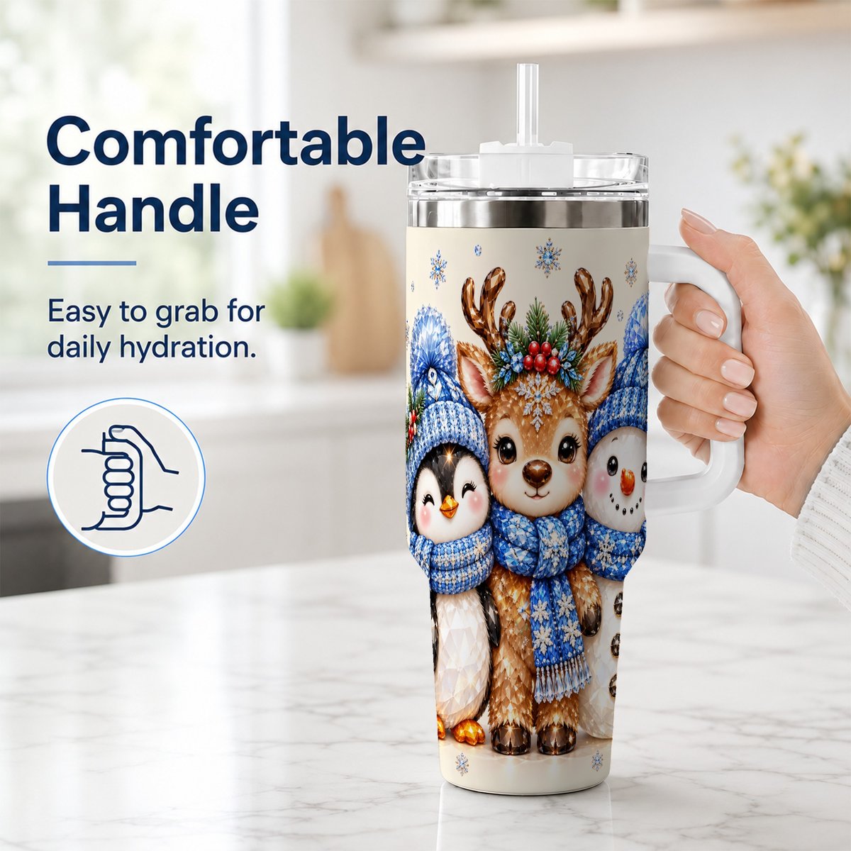 #pl[40oz|White] Christmas Animal Trio 40oz Tumbler with Handle, Holiday Travel Cup