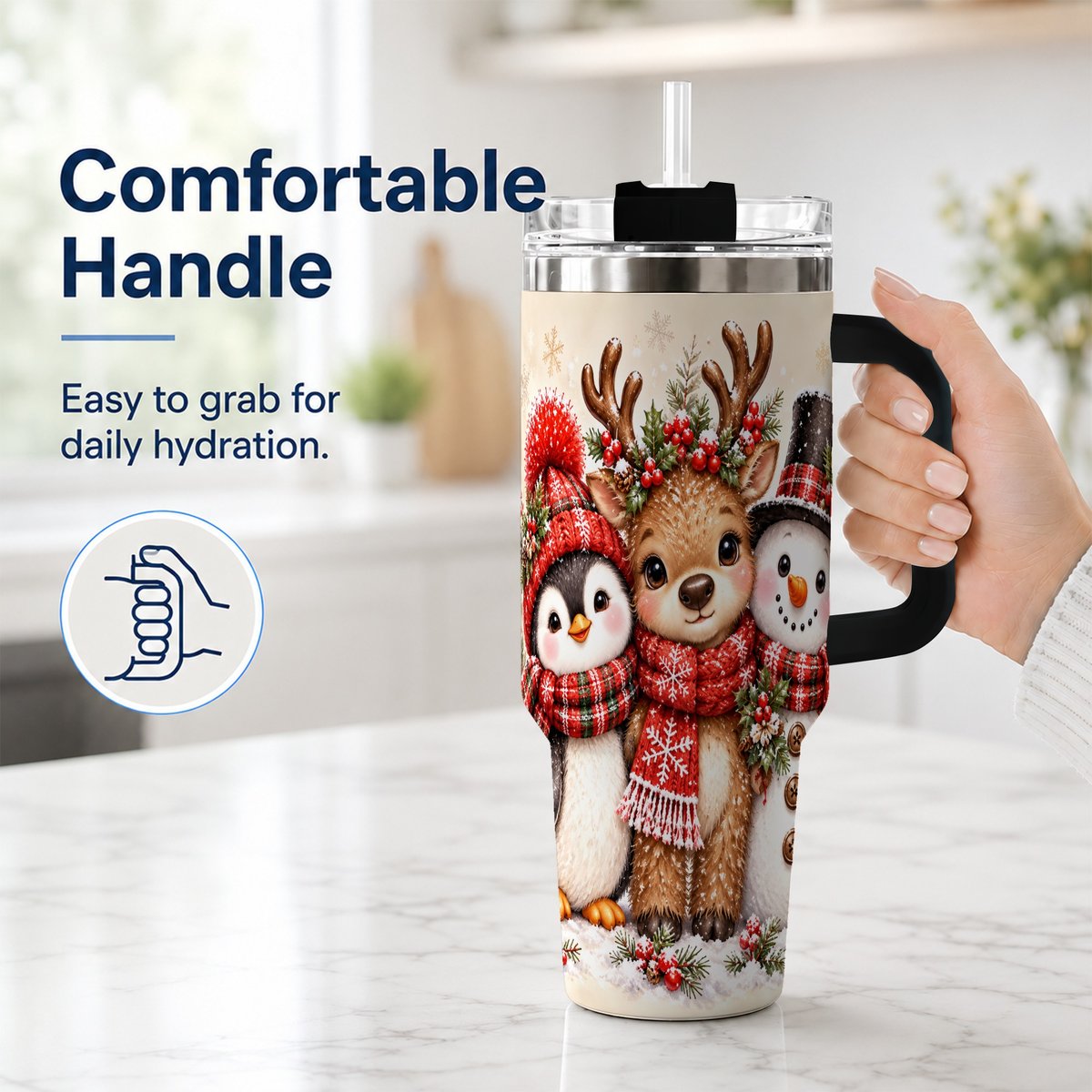 #pl[40oz|Black] Cozy Winter Animal Trio 40oz Tumbler with Handle, Christmas Travel Cup