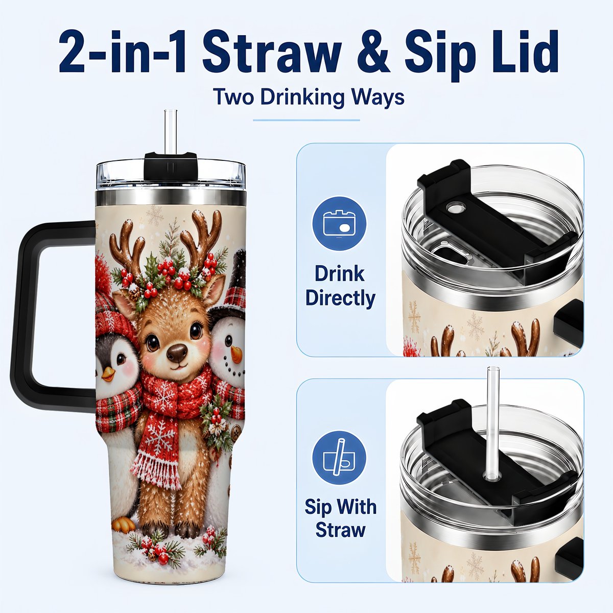 #pl[40oz|Black] Cozy Winter Animal Trio 40oz Tumbler with Handle, Christmas Travel Cup