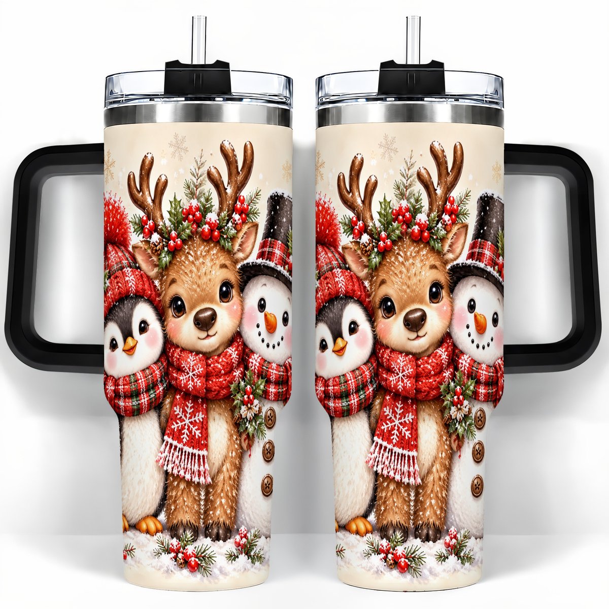 #pl[40oz|Black] Cozy Winter Animal Trio 40oz Tumbler with Handle, Christmas Travel Cup