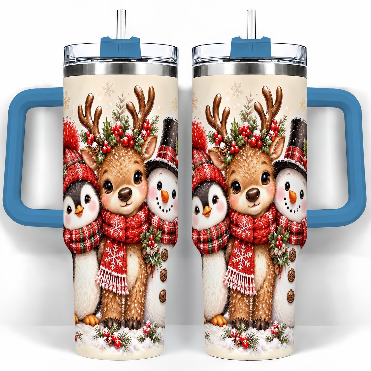 #pl[40oz|Blue] Cozy Winter Animal Trio 40oz Tumbler with Handle, Christmas Travel Cup