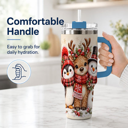 #pl[40oz|Blue] Cozy Winter Animal Trio 40oz Tumbler with Handle, Christmas Travel Cup