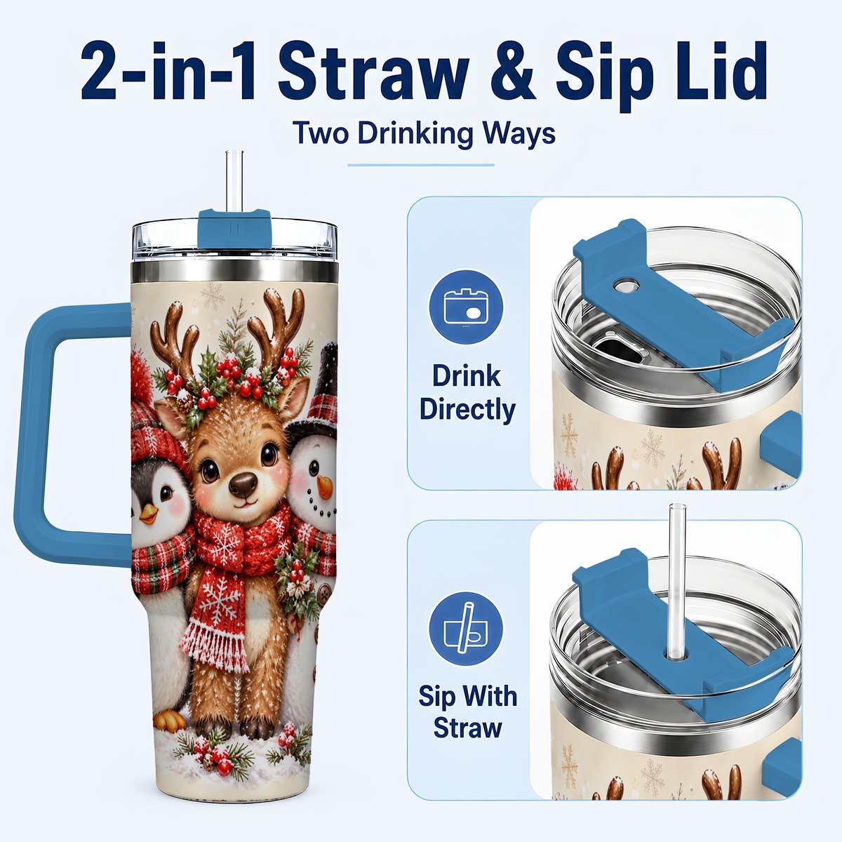 #pl[40oz|Blue] Cozy Winter Animal Trio 40oz Tumbler with Handle, Christmas Travel Cup