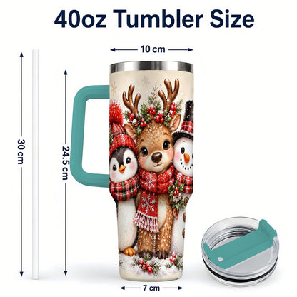 #pl[40oz|Green] Cozy Winter Animal Trio 40oz Tumbler with Handle, Christmas Travel Cup