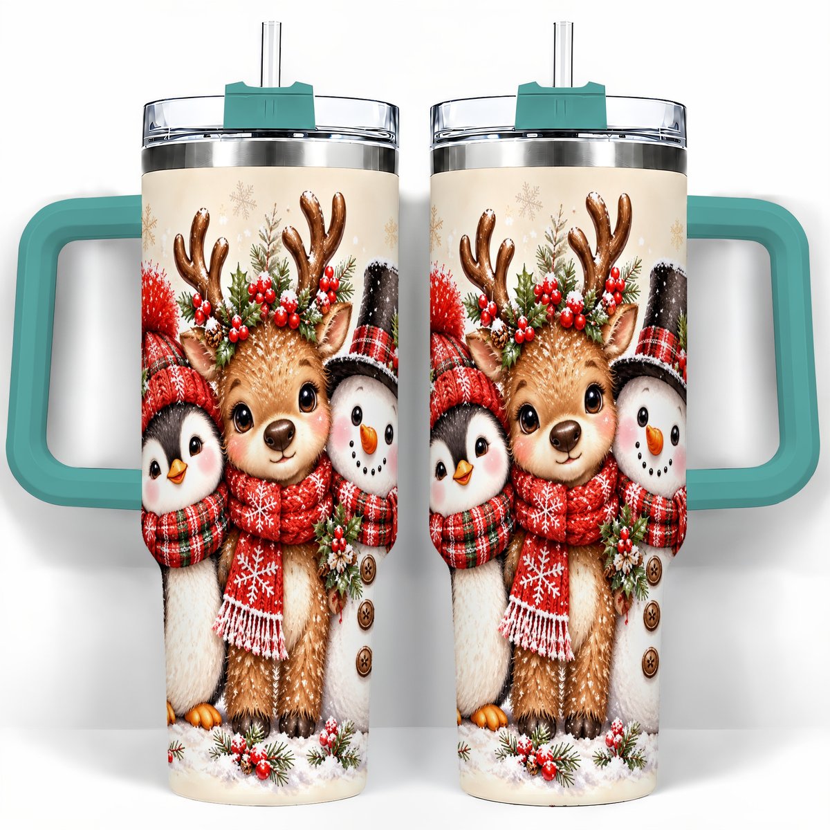#pl[40oz|Green] Cozy Winter Animal Trio 40oz Tumbler with Handle, Christmas Travel Cup