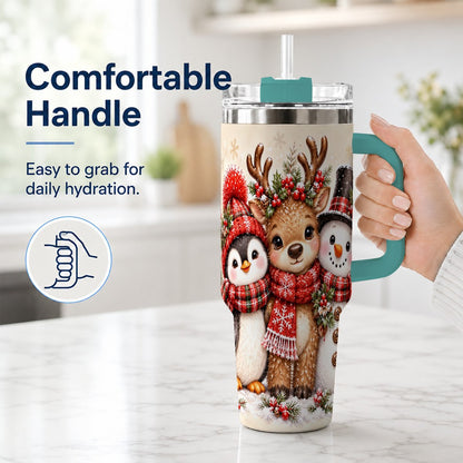 #pl[40oz|Green] Cozy Winter Animal Trio 40oz Tumbler with Handle, Christmas Travel Cup