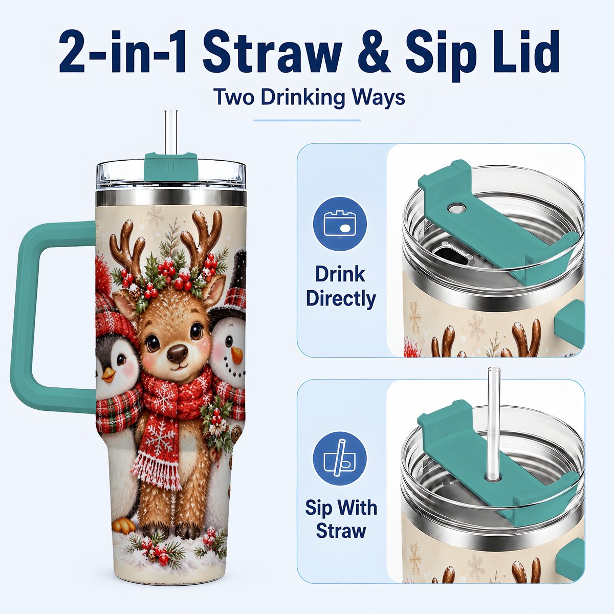 #pl[40oz|Green] Cozy Winter Animal Trio 40oz Tumbler with Handle, Christmas Travel Cup