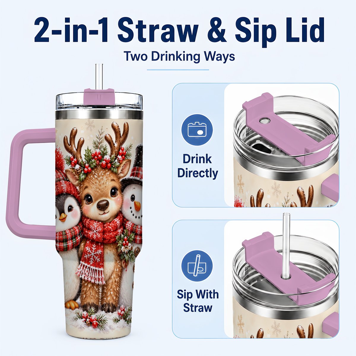 #pl[40oz|Pink] Cozy Winter Animal Trio 40oz Tumbler with Handle, Christmas Travel Cup