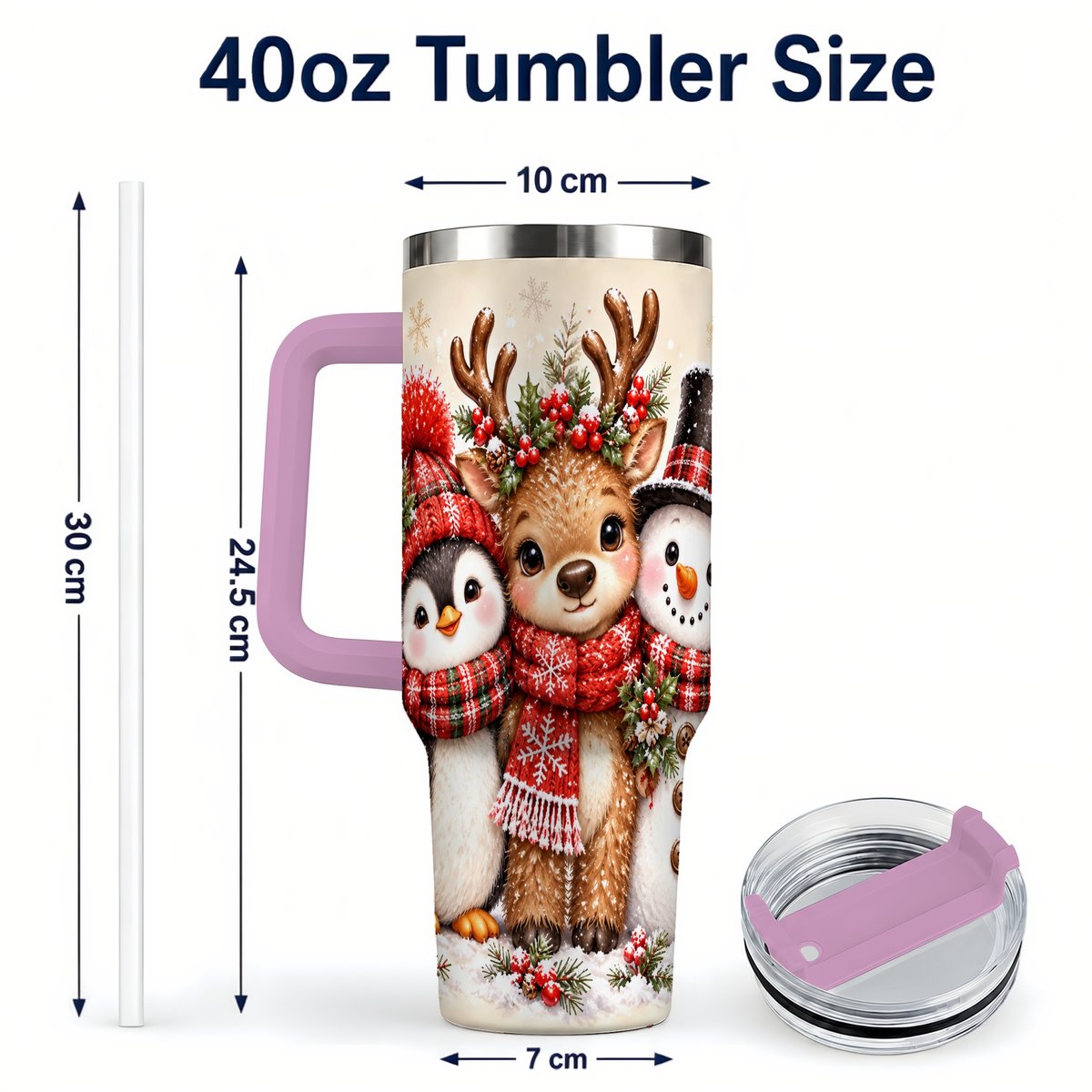 #pl[40oz|Pink] Cozy Winter Animal Trio 40oz Tumbler with Handle, Christmas Travel Cup