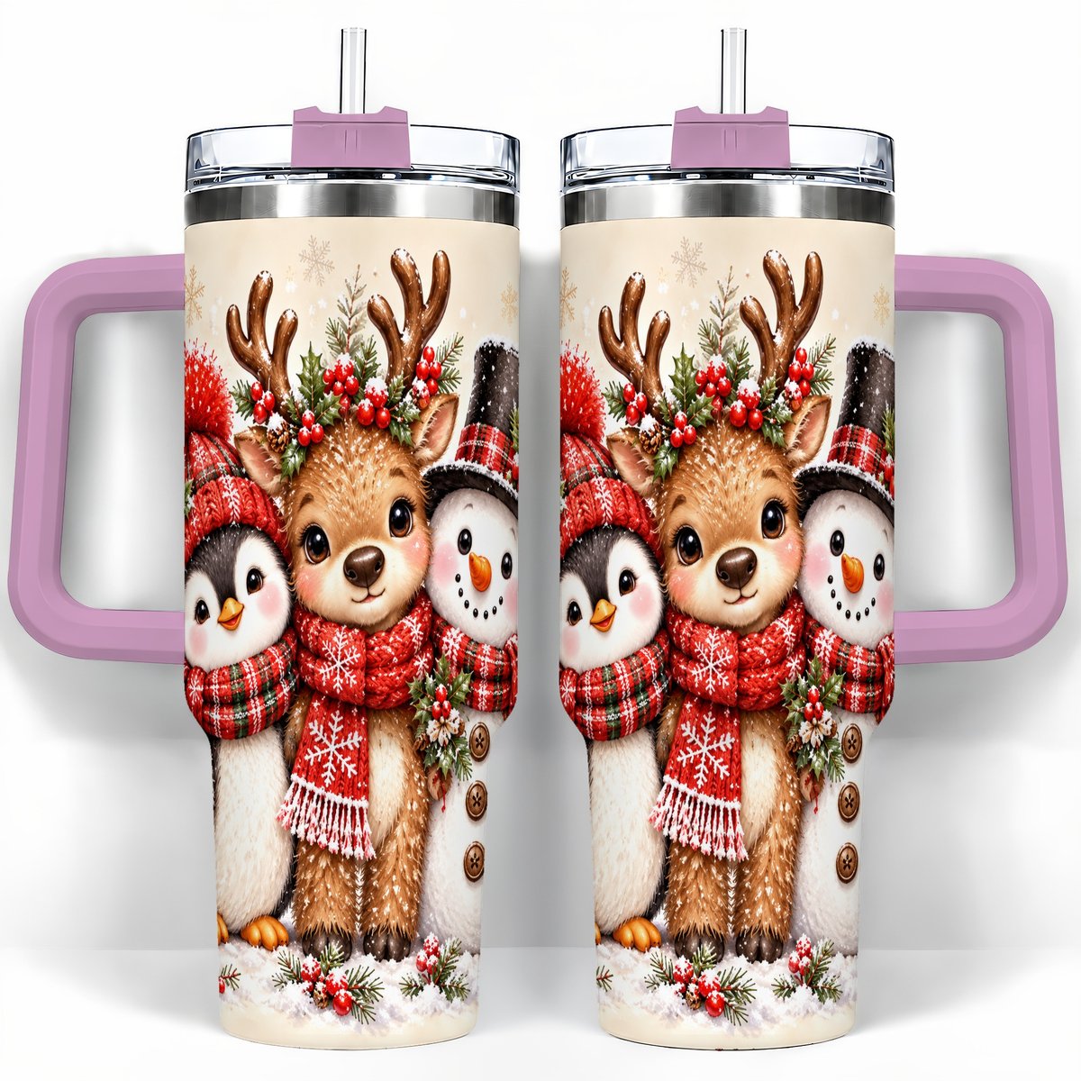 #pl[40oz|Pink] Cozy Winter Animal Trio 40oz Tumbler with Handle, Christmas Travel Cup