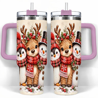 #pl[40oz|Pink] Cozy Winter Animal Trio 40oz Tumbler with Handle, Christmas Travel Cup