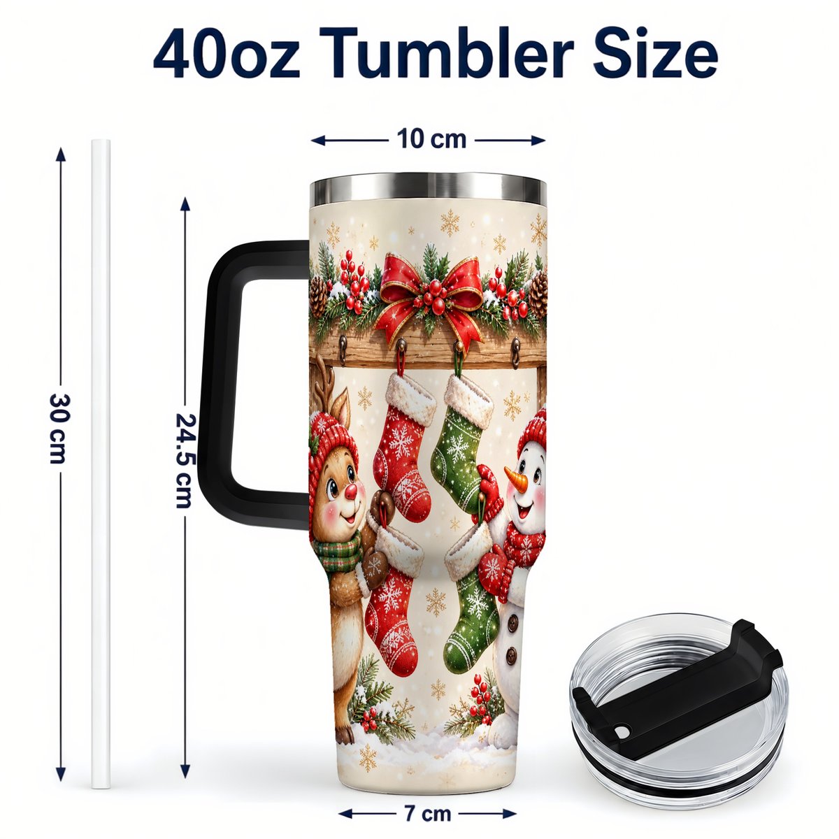 #pl[40oz|Black] Reindeer Snowman 40oz Tumbler with Handle, Christmas Travel Cup