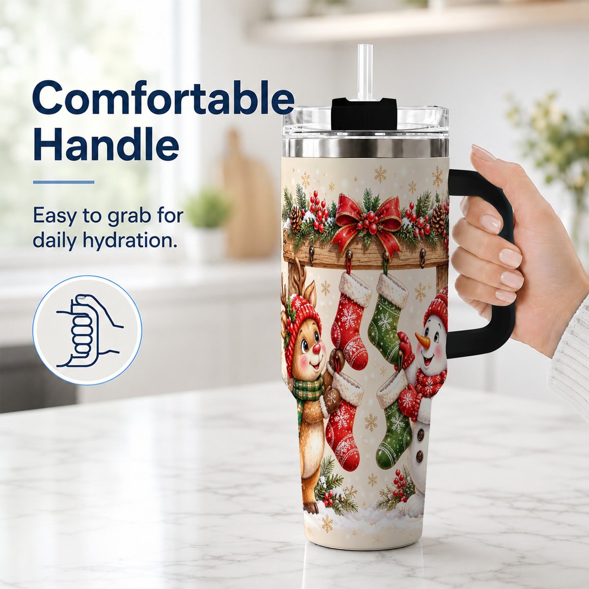 #pl[40oz|Black] Reindeer Snowman 40oz Tumbler with Handle, Christmas Travel Cup