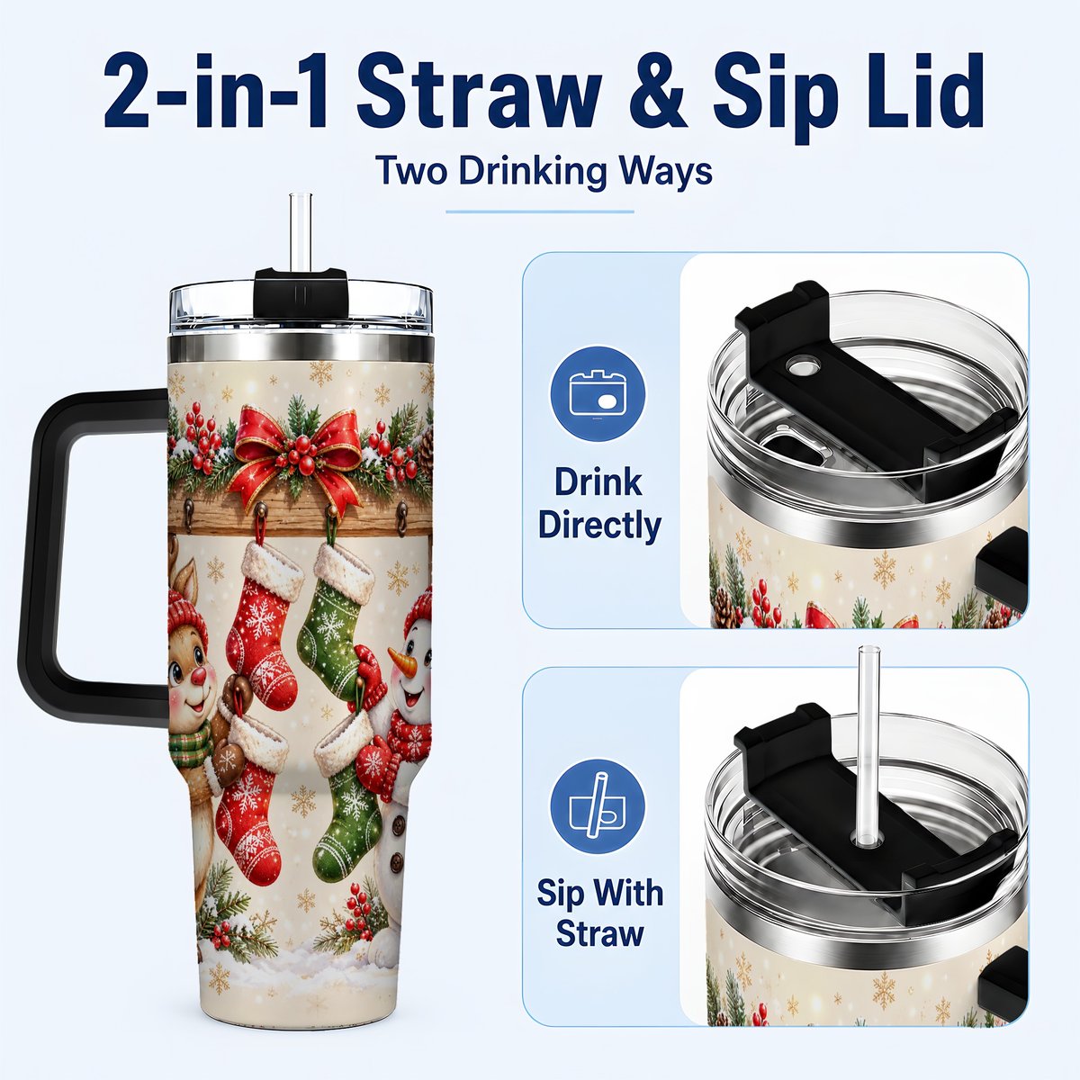#pl[40oz|Black] Reindeer Snowman 40oz Tumbler with Handle, Christmas Travel Cup