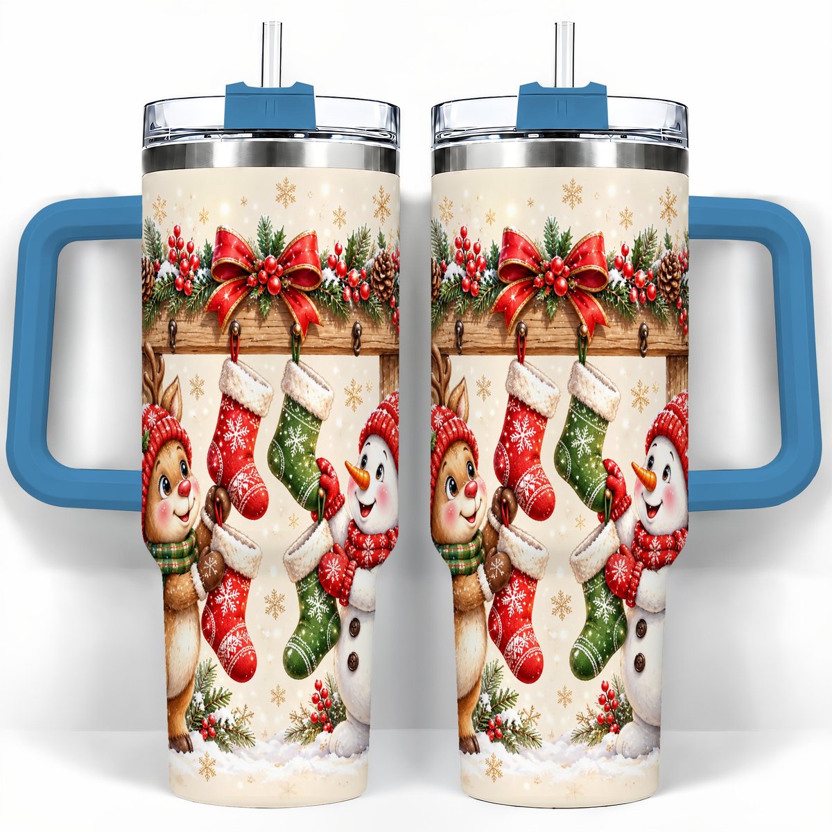 #pl[40oz|Blue] Reindeer Snowman 40oz Tumbler with Handle, Christmas Travel Cup