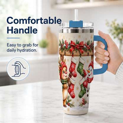 #pl[40oz|Blue] Reindeer Snowman 40oz Tumbler with Handle, Christmas Travel Cup