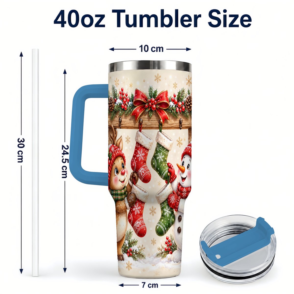 #pl[40oz|Blue] Reindeer Snowman 40oz Tumbler with Handle, Christmas Travel Cup