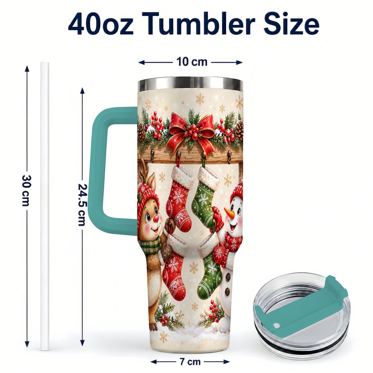 #pl[40oz|Green] Reindeer Snowman 40oz Tumbler with Handle, Christmas Travel Cup
