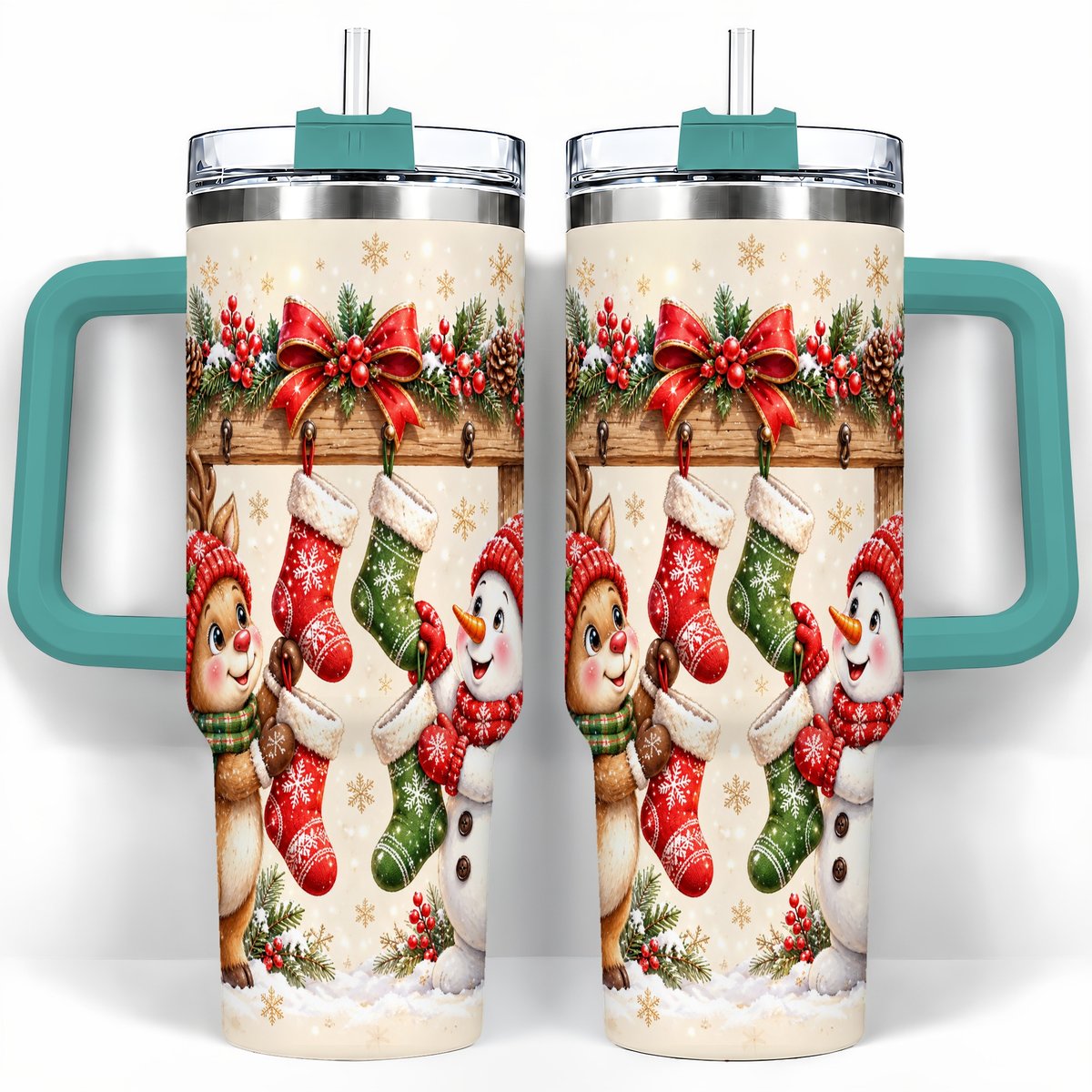 #pl[40oz|Green] Reindeer Snowman 40oz Tumbler with Handle, Christmas Travel Cup