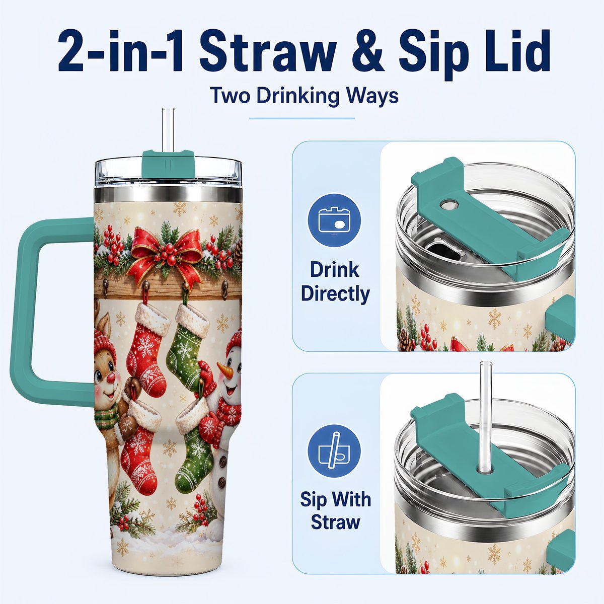 #pl[40oz|Green] Reindeer Snowman 40oz Tumbler with Handle, Christmas Travel Cup