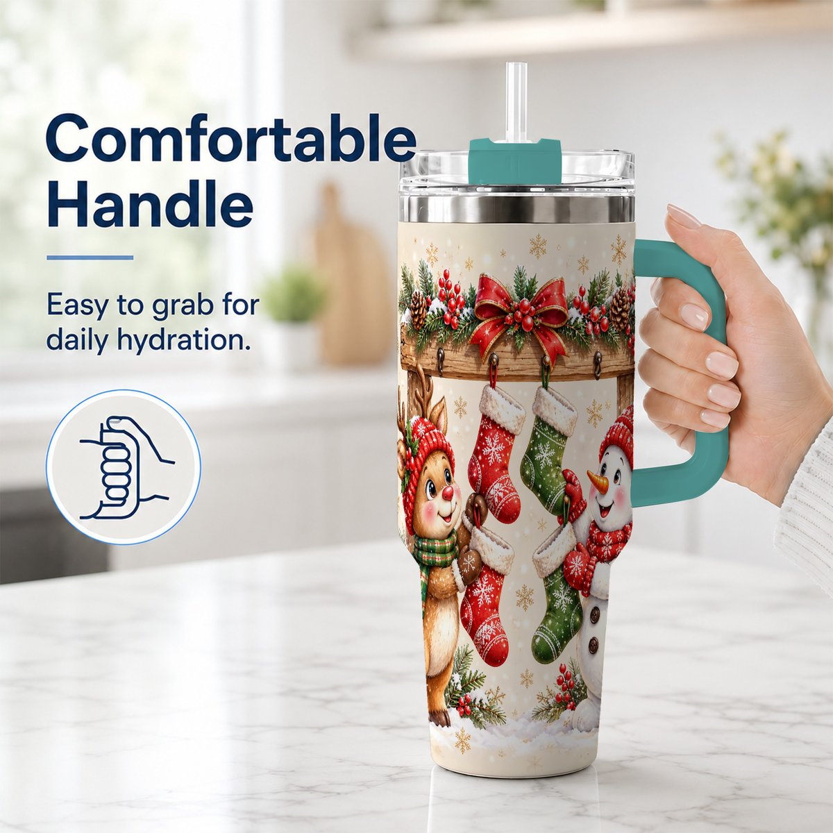 #pl[40oz|Green] Reindeer Snowman 40oz Tumbler with Handle, Christmas Travel Cup