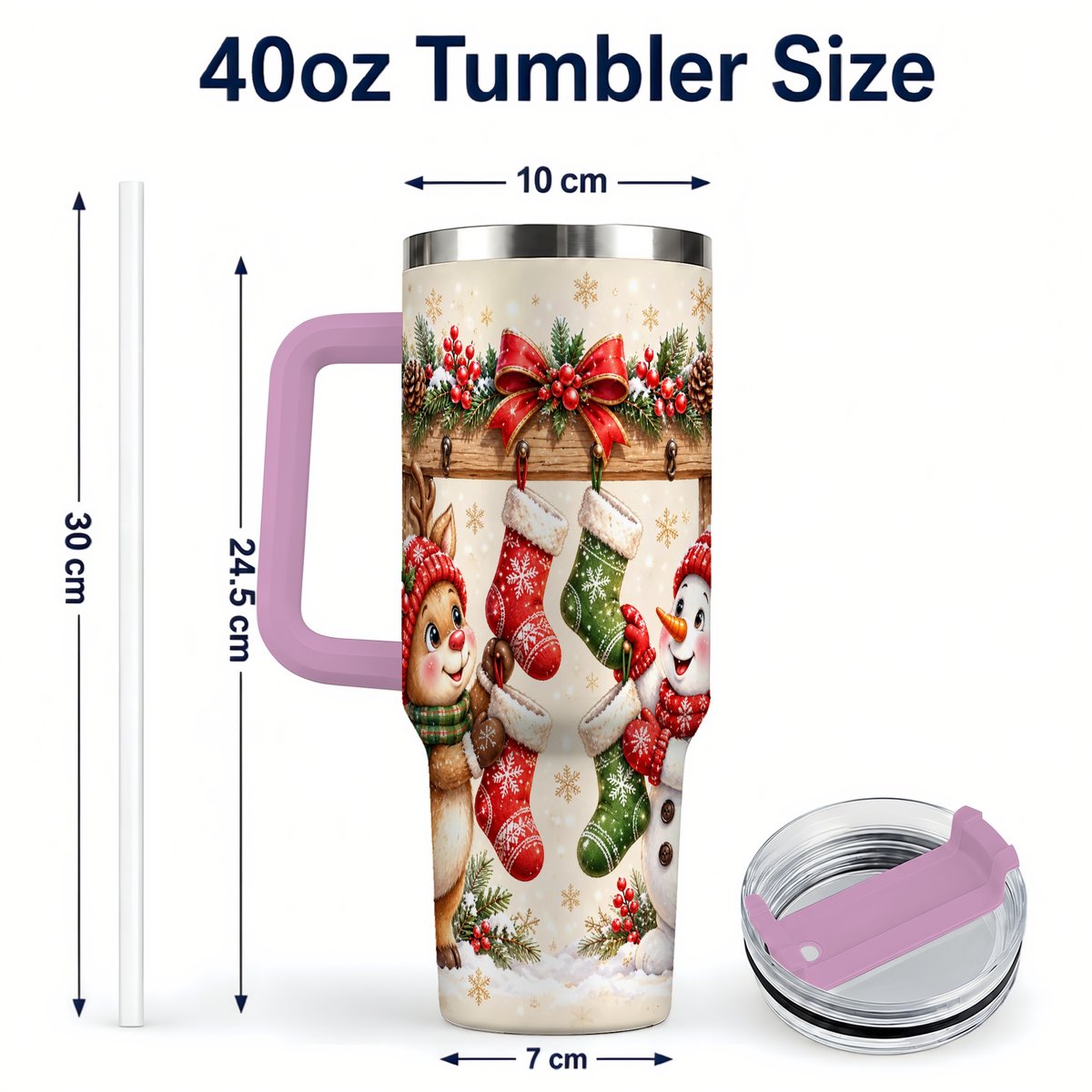 #pl[40oz|Pink] Reindeer Snowman 40oz Tumbler with Handle, Christmas Travel Cup