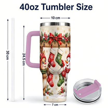 #pl[40oz|Pink] Reindeer Snowman 40oz Tumbler with Handle, Christmas Travel Cup