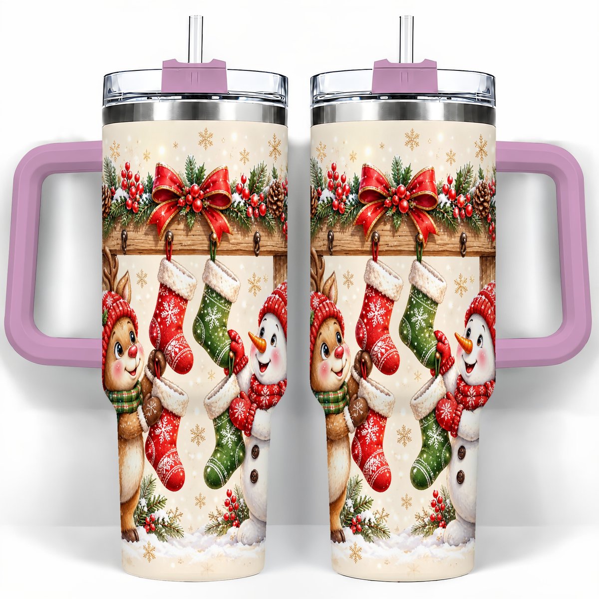 #pl[40oz|Pink] Reindeer Snowman 40oz Tumbler with Handle, Christmas Travel Cup